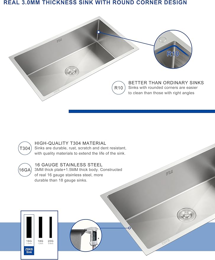 30 Inch Workstation Undermount Kitchen Sink with Overflow, 16 Gauge Stainless Steel Single Bowl Sink, 10 Inch Deep Sink with Dish Grid, Roll Drainer and Basket Strainer