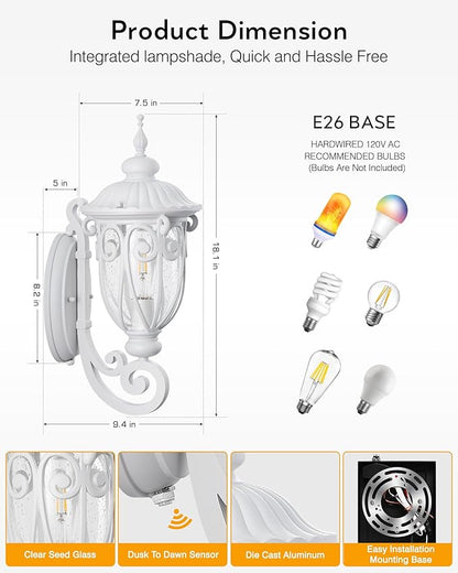 VIANIS Dusk to Dawn Outdoor Garage Lighting Fixtures White, Delicate Exterior Lighting Fixtures with Bubble Glass, White Porch Lights Outdoor for Doorway, Garden, Garage, Vintage Style, Waterproof