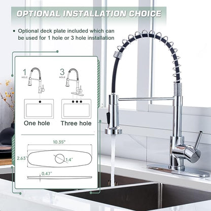 WEWE Chrome Kitchen Faucet, Faucet for Kitchen Sink with Pull Down Sprayer Kitchen Faucet with Deck Plate Stainless Steel Single Handle Spring for Farmhouse Utility Bar Laundry Sinks