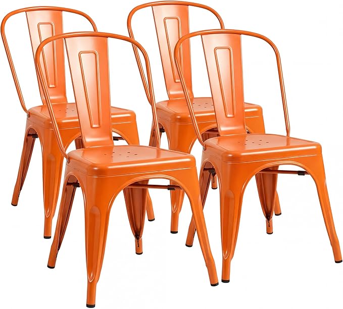 Shahoo Metal Dining Chairs Classic Iron Stackable Industrial Vintage Trattoria with Back, Indoor-Outdoor Side Settee for Home Bistro Cafe Kitchen Restaurant Set of 4, Orange