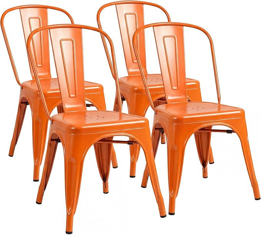 Shahoo Metal Dining Chairs Classic Iron Stackable Industrial Vintage Trattoria with Back, Indoor-Outdoor Side Settee for Home Bistro Cafe Kitchen Restaurant Set of 4, Orange