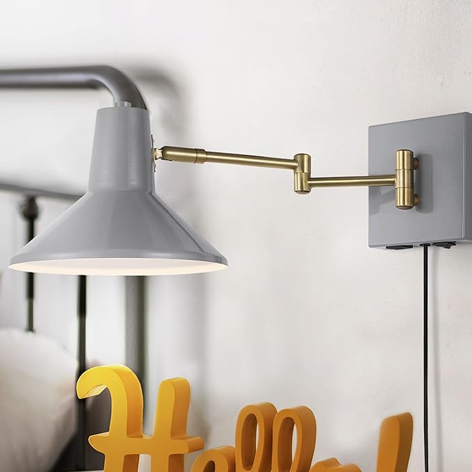 JONATHAN Y 16" Grey/Brass Gold 1-Light Modern Swing Arm Sconce with USB Port, Plug-in Midcentury LED Bedside Lamp with White Iron Shade for Bedroom Living Room (JYL1302C)