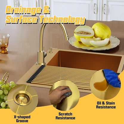 Gold 25"x22" Stainless Steel Drop-In Single Bowl Kitchen Sink - Topmount With Gold-Tone Accessories, Rack, Grid, and Drain Assembly for Modern Luxurious Look