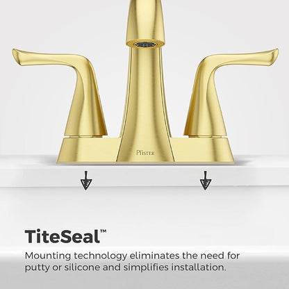 Pfister Willa Bathroom Sink Faucet 4 inch Centerset 2-Handle 3-Hole Vanity Faucet NSF Certified Brushed Gold Finish with Push & Seal Drain and TiteSeal Mounting Technology LF048MALBG