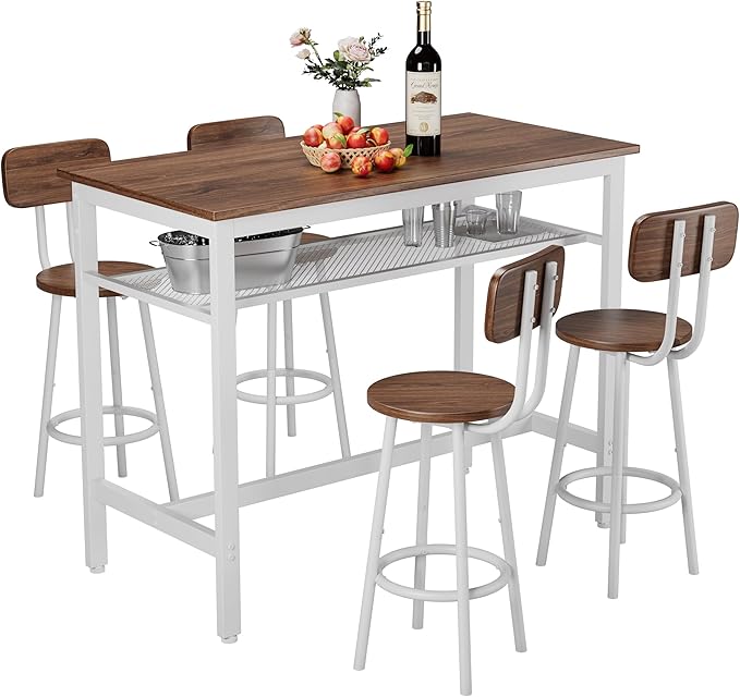 5-Piece Bar Height Table and Chairs Set – Modern Kitchen Table with 4 Bar Stools,Compact Dining Table Chairs Set ,Bar Table and Chairs Set for Kitchen Island Seating & Dining Room (Brown+White.)