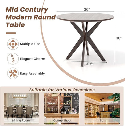 Giantex 36" Round Wood Dining Table, Farmhouse Kitchen Table with Intersecting Pedestal Base & Solid Rubber Wood Legs, Vintage Coffee Tables for Dinette, Small Spaces, Restaurant, Brown