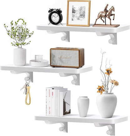 Wooden Floating Shelves for Wall, 15.7" W x 6" D x 0.6" H Large Wall Shelves, Hanging Storage Shelf with Hooks for Living Room, Kitchen, Bathroom, Bedroom Decor, White, 3 Packs