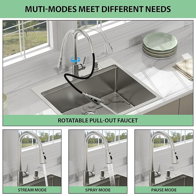 25 Drop In Kitchen Sink - Beslend 25x22 Kitchen Sink Drop In Workstation with Faucet, Stainless Steel Sinks and Soap Dispenser Topmount 16 Gauge Single Bowl Above Counter Dish Basin 9" Deep