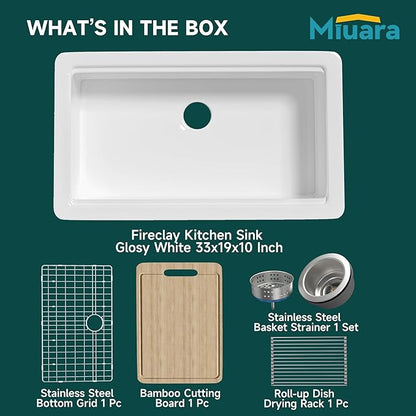 Miuara White Undermount Workstation Kitchen Sink 33 Inch - Large Topmount Fireclay Drop In Sink 33"x19"x10", Dual Mount Heavy Duty Deep Single Bowl, with 4 Custom Accessories, for Kitchen, Island