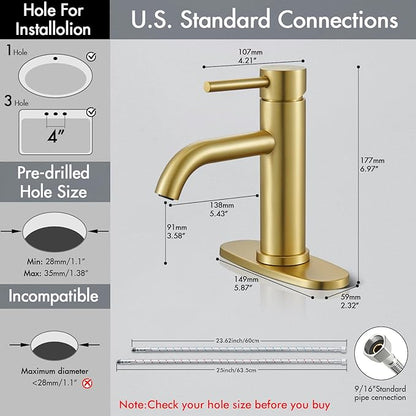Gold Bathroom Faucet, WINKEAR Single Hole Bathroom Faucet with Pop-up Drain and Flexible Hoses, Single Handle for Sink, Vanity, RV, Modern Farmhouse, Suitable for 1 Hole or 3 Hole
