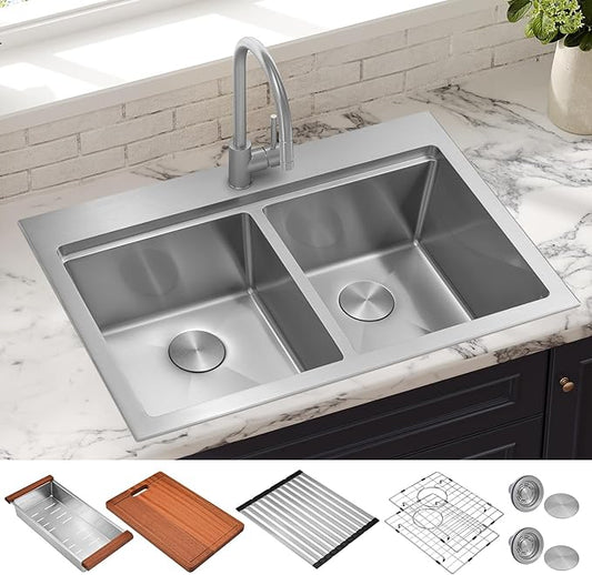 MILOSEN 31 Inch Double Bowl Kitchen Sink, 31''x22'' Drop in 16 Gauge T304 Stainless Steel Sinks, Workstation Sink 50/50 Topmount Double Basin with Accessories,10'' Large and Deep Handmade Sinks