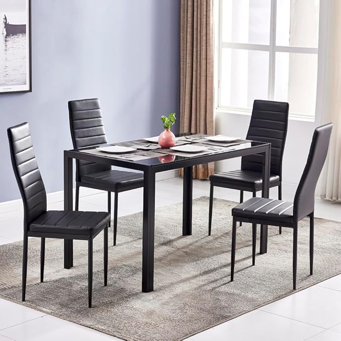 FCH Black Glass Table with Tempered Glass Top, Rectangular Dining Table Set for 4, Place Saving for Apartments & Small Places, for Home & Kitchen & Dining Room, 47", Black