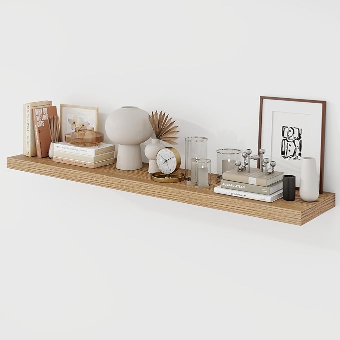 Acovy 48 Inch Floating Shelves, 9.3" Deep Floating Shelf Wall Mounted, 48" Wall Shelves, Rustic Deep Bookshelf, Large Display Shelves & Storage Shelves for Bedroom, Living Room, Light Brown, Set of 1