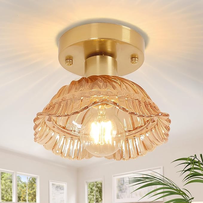 Shenmoyl Semi Flush Mount Vintage Lights Fixture with Amber Pumpkin Hat Glass, 4.72" Modern Ceiling Light for Bathroom, Kitchen, Bedroom