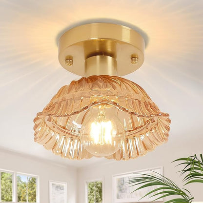 Shenmoyl Semi Flush Mount Vintage Lights Fixture with Amber Pumpkin Hat Glass, 4.72" Modern Ceiling Light for Bathroom, Kitchen, Bedroom