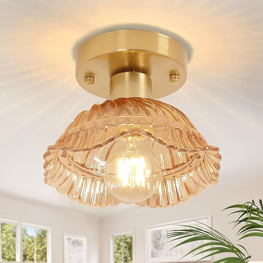 Shenmoyl Semi Flush Mount Vintage Lights Fixture with Amber Pumpkin Hat Glass, 4.72" Modern Ceiling Light for Bathroom, Kitchen, Bedroom