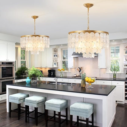 Shell Chandelier, White and Gold Chandelier Light Fixture with 4 Lights Capiz Seashell Pendant for Foyer,Kitchen Island,Entryway,Dining Room (18" Coastal Chandeliers)