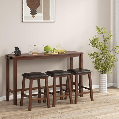 Giantex Dining Table Set, Kitchen Table Set, 4-Piece Counter Height Dining Set with 3 Upholstered Stools, Power Socket, Bar Table and Chairs Set for Small Space, Living Room, Dining Room Table Set