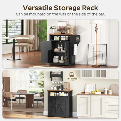 YATINEY Coffee Bar Cabinet, Kitchen Island with Storage, Farmhouse Sideboard Buffet Cabinet with Dual-Purpose Floating Shelf and Hooks, for Restaurant, Living Room, Rustic Brown KF22BR
