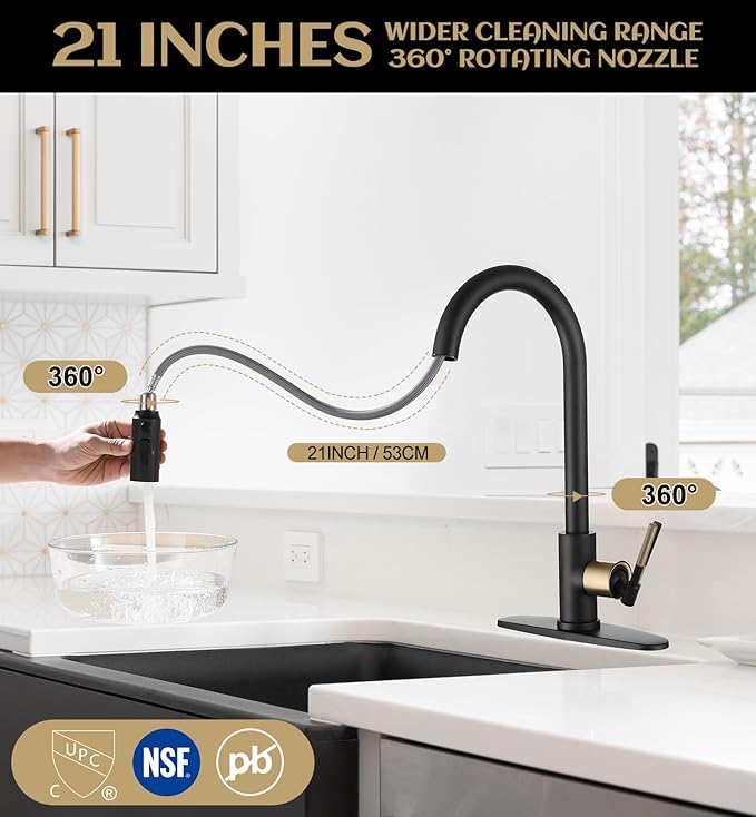 Kitchen Faucet with Pull Down Sprayer, 3 Spray Modes Metal Head, Stainless Steel Single Handle High Arc Kitchen Sink Faucet, for Farm,Bar, Fit for 1 or 3 Hole, Black and Gold
