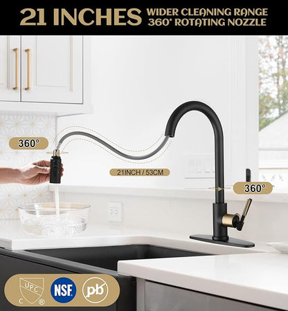 Kitchen Faucet with Pull Down Sprayer, 3 Spray Modes Metal Head, Stainless Steel Single Handle High Arc Kitchen Sink Faucet, for Farm,Bar, Fit for 1 or 3 Hole, Black and Gold
