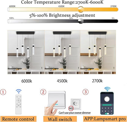Dimmable 4-Light Pendant Lights Kitchen Island Modern LED Crystal Ceiling Light for Dinning Room Living Room 32W Black