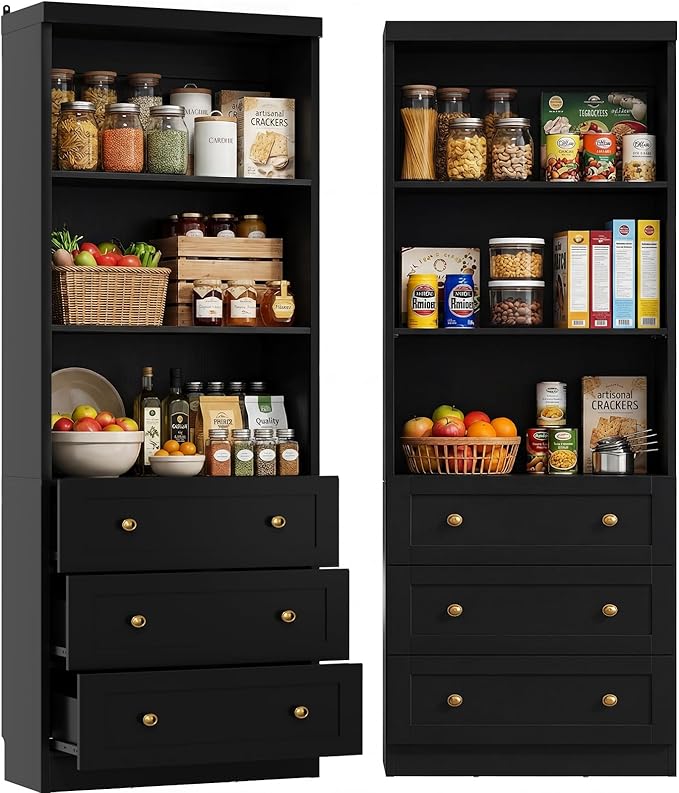 Cyclysio 80" Kitchen Pantry Cabinet with 3 Drawers, Tall Storage Cabinet Wood Food Pantry with Thickened Top Panel and Adjustable Shelves, Versatile Cupboard for Kitchen, Dining Room (1, Black)