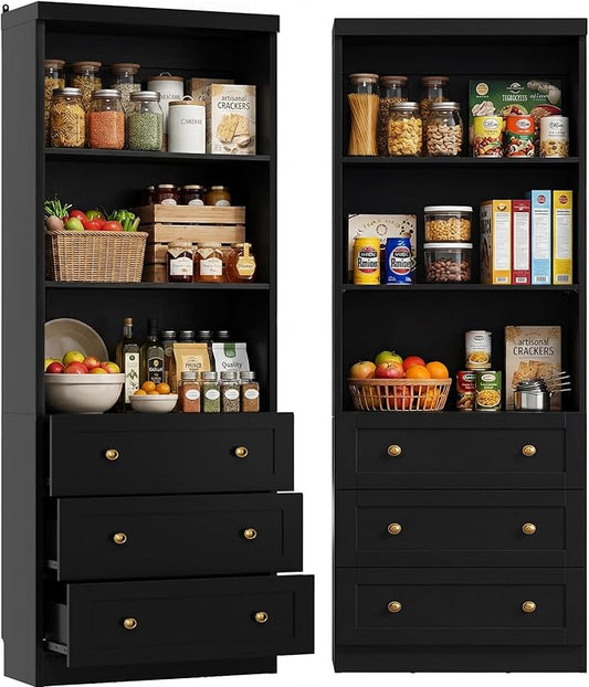 Cyclysio 80" Kitchen Pantry Cabinet with 3 Drawers, Tall Storage Cabinet Wood Food Pantry with Thickened Top Panel and Adjustable Shelves, Versatile Cupboard for Kitchen, Dining Room (1, Black)