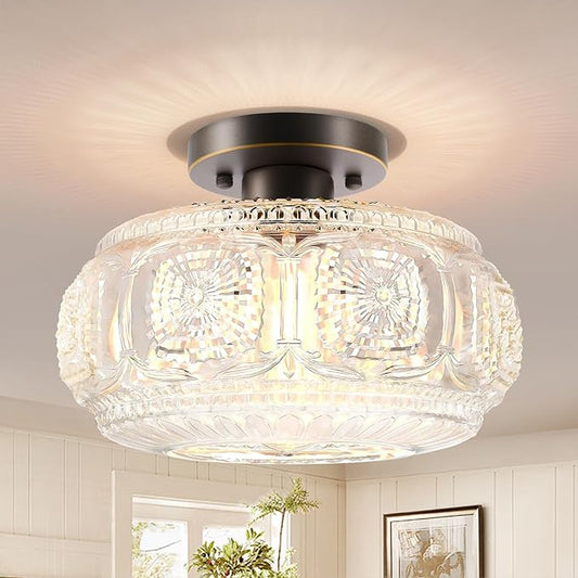 Semi Flush Mount Ceiling Light, Upgraded Larger Bronze Glass Ceiling Light Fixture, Vintage Lighting for Hallway Kitchen Bedroom Dining Room, Bulb Not Included