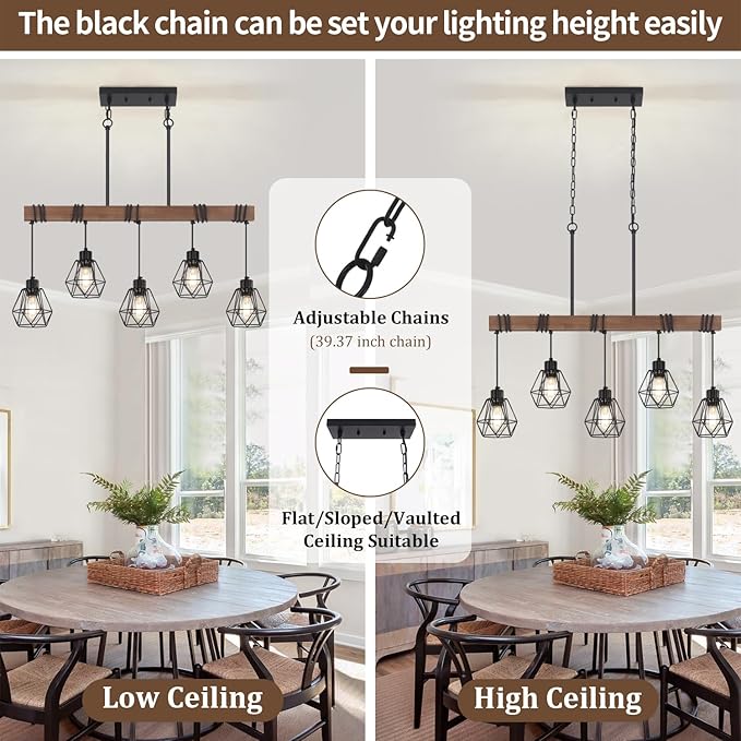 5-Light Kitchen Island Lighting, Farmhouse Chandelier for Dining Room Rustic Wood Ceiling Pendant Light Fixture with Metal Shade, Height Adjustable