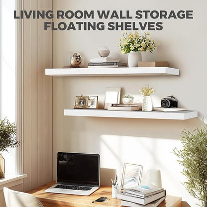 36"x6.8"x1.2" Solid Wood Floating Shelves 2-Pack - Rustic White Finish with Hidden Brackets, Perfect for Storage and Décor in Living Room, Kitchen, Bedroom