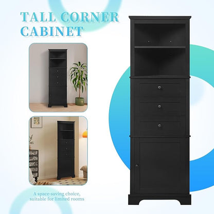 Storage Corner Cabinet with 3 Drawers and Door, Tall Line Pantry Home Space Saver for Bathroom, Living Room, Kitchen, Adjustable Shelf, Black