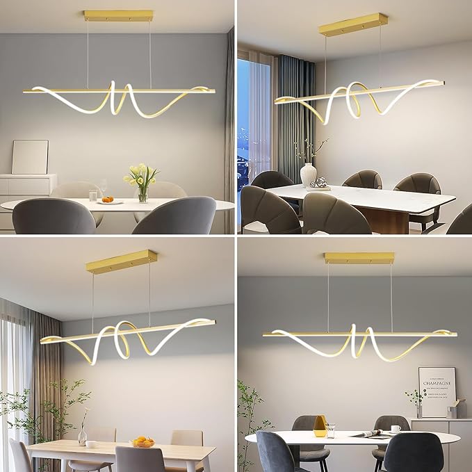 Modern LED Gold Pendant Light, 57IN Ceiling Chandelier Fixtures Dimmable with Remote Control 3000k-6500K Adjustable Color Temperature, Aluminum Island Lighting Lamp for Dining Room, Living Room