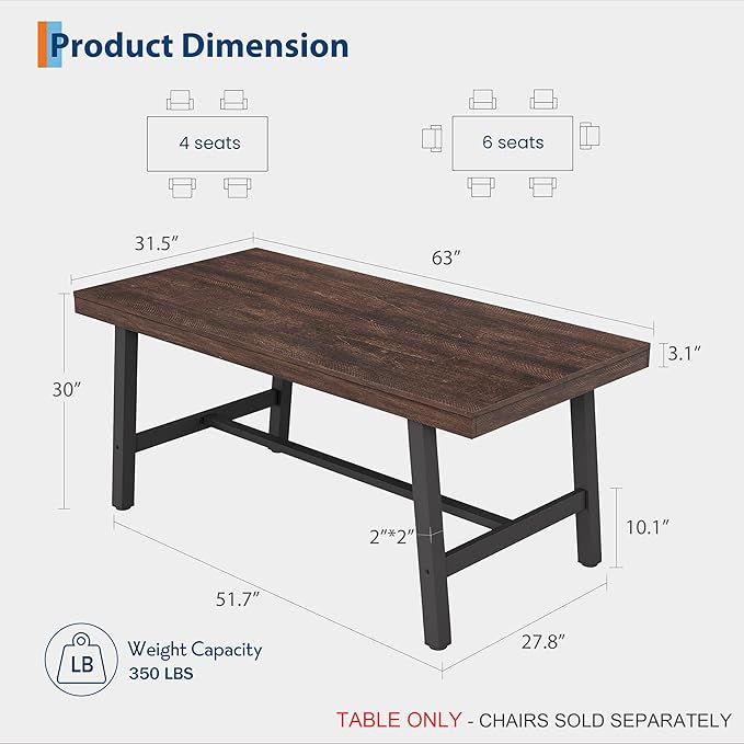 GarveeHome 63 Inch Apartment Kitchen Table for 4-6 People, Industrial Rectangular Table for Dining Room, Heavy Duty Metal Frame, Dark Rustic Birch