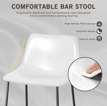 LEMBERI 26 inch Bar Stools Set of 2, Modern Counter Height Bar Stools, Faux Leather Barstool with Back and Metal Leg, Armless Bar Chairs for Kitchen Island (White, 2pcs 26")
