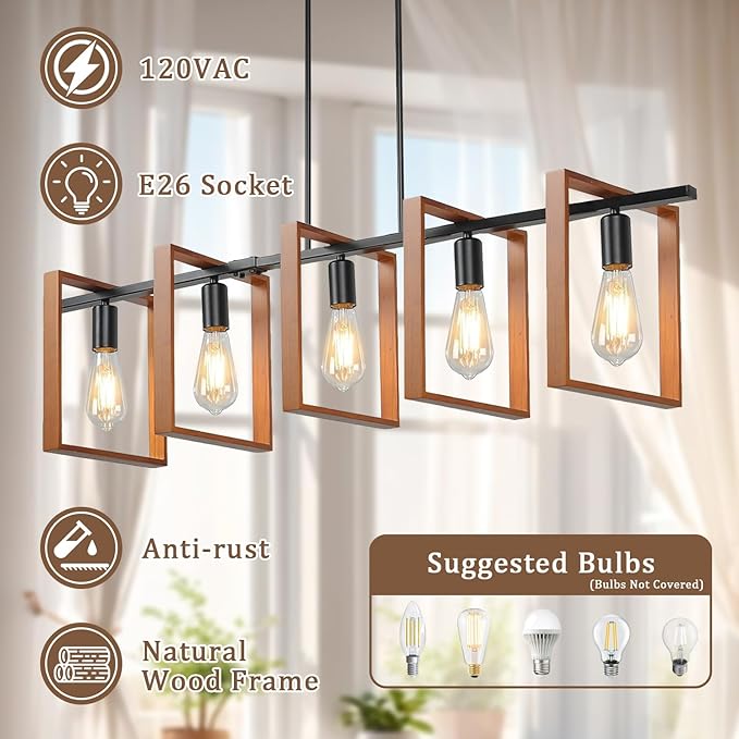 5-Light Farmhouse Kitchen Island Lighting, Adjustable Dining Room Light Fixtures, Black Rustic Wood Farmhouse Chandelier Hanging Ceiling Light for Kitchen,Bulbs Not Included