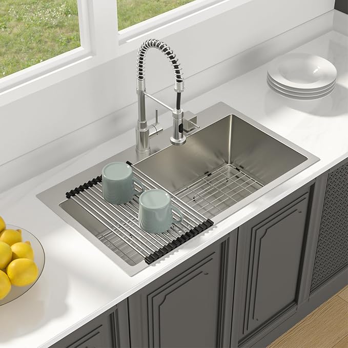 Lordear 33x19 Inch Drop In Kitchen Sink Stainless Steel Topmount Sinks T304 16 Gauge Single Bowl Above Counter 10 Inch Basin