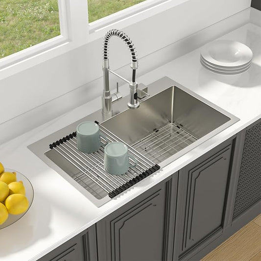Lordear 33x19 Inch Drop In Kitchen Sink Stainless Steel Topmount Sinks T304 16 Gauge Single Bowl Above Counter 10 Inch Basin