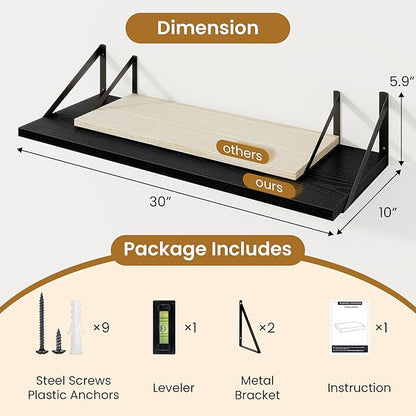 Acovy Deep Floating Shelves for Wall,30" Wx10 D Wood Floating Shelf Set of 2,Sturdy Metal Bracket Wide Display & Storage,Wall Mounted Hanging Floating Shelves for Living Room,Bedroom,Kitchen,Black