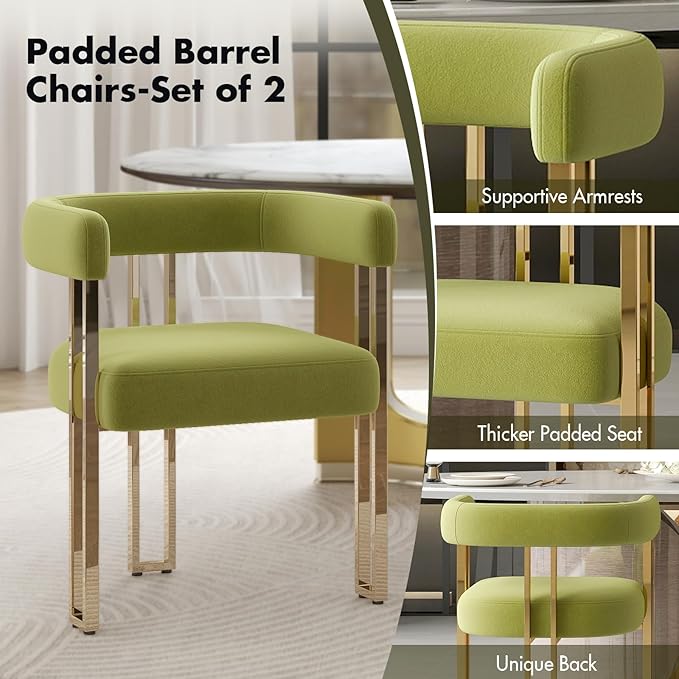Hyfirm Green and Gold Modern Dining Chairs Set of 2, Velvet Upholstered Barrel Armchairs with Metal Legs for Kitchen Island, Mid Century Accent Chairs for Dining Room Living Room, Open-Back