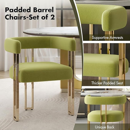 Hyfirm Green and Gold Modern Dining Chairs Set of 2, Velvet Upholstered Barrel Armchairs with Metal Legs for Kitchen Island, Mid Century Accent Chairs for Dining Room Living Room, Open-Back