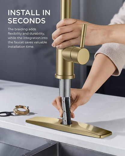 FORIOUS Gold Kitchen Faucet with Pull Down Sprayer, Stainless Steel Single Handle Classic Pull Out Sink Faucet for Farmhouse Laundry RV Bar, with Deck Plate for 1 or 3 Holes