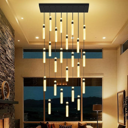 Glam Rectangular Crystal Column Chandelier for High Ceiling 24-Lights Black LED Dimmable Long Crystal Chandelier for Foyer Living Room Adjustable Height