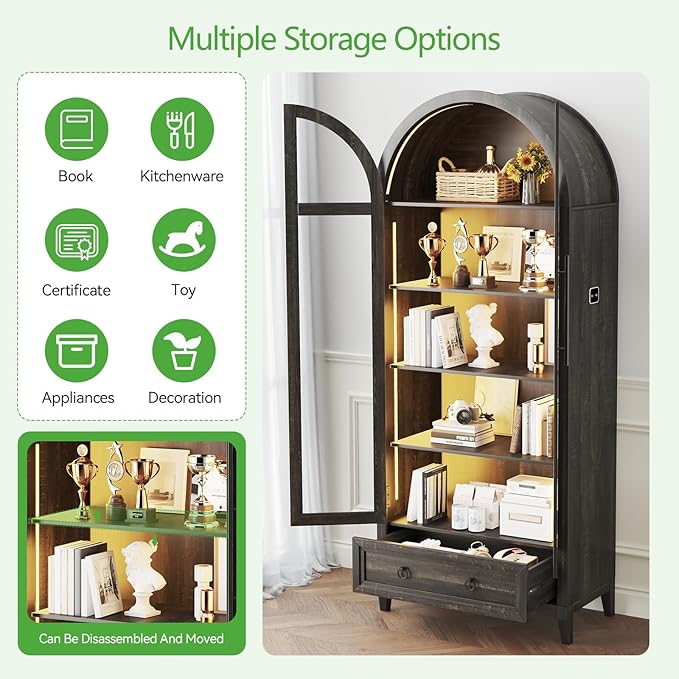 HNEBC Book Shelf with LED Lights, Arched Display Case with Storage Cabinet, Smart File Cabinet with Glass Door, Curio Cabinet with Solid Wood Legs for Home Office/Bedroom Furnniture-Brown