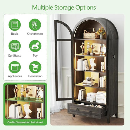HNEBC Book Shelf with LED Lights, Arched Display Case with Storage Cabinet, Smart File Cabinet with Glass Door, Curio Cabinet with Solid Wood Legs for Home Office/Bedroom Furnniture-Brown