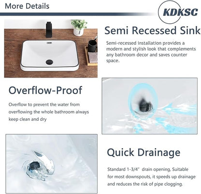 Bathroom Vessel Sink 20.6'' x 14.7'' Semi Recessed Bathroom Sink Rectangular Drop In Sink with Overflow White with Black Trim Ceramic Modern Vessel Sinks for Bathroom