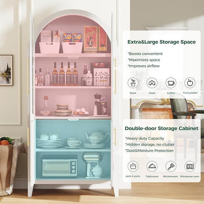 63” Tall Arched Kitchen Pantry Cabinet, 5-Tier Modern Farmhouse Flute Pantry with Adjustable Shelves, Kitchen Storage Cabinet for Kitchen, Dining Room, Living Room, White