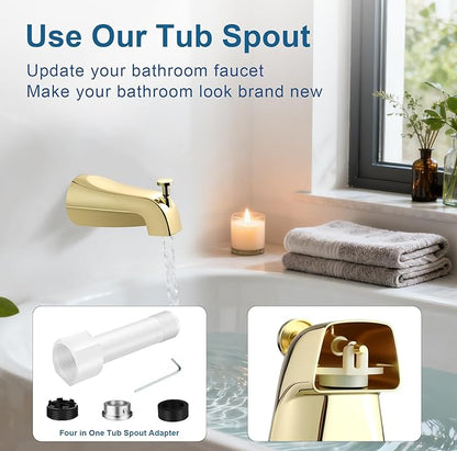 Universal Gold Tub Spout for 1/2" Copper Pipe, 1/2" IPS and 3/4" IPS, Bathtub Faucet with Diverter and Adapter and Hex Wrench (Polished Gold)