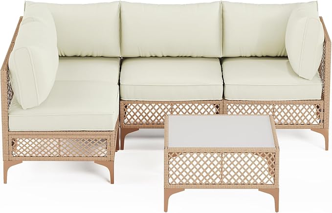 Outdoor Patio Furniture Set, Wicker Outdoor Sectional Set, Boho Patio Conversation Sectional Sofa with Large Tempered Glass Coffee Table and Waterproof Cushion (Large Size 5-Piece Patio Furniture)