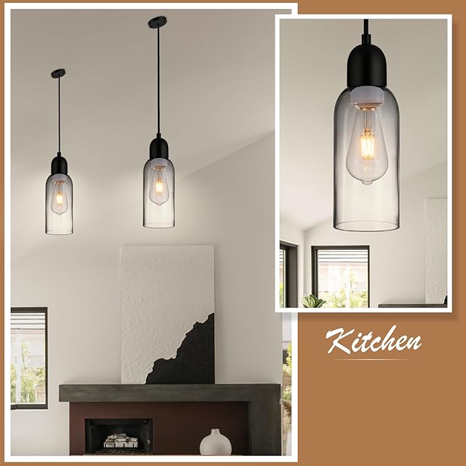 Modern Pendant Lights, Smoked Grey Glass Hanging Lamp with Matte Black Finish, Adjustable 48" Cord Pendant Light Fixtures for Kitchen Island Sink Bar Dining Room Farmhouse, E26 Base